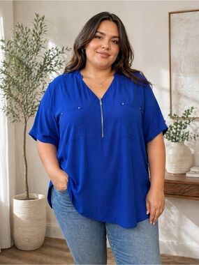Apt. 9 Electric Blue Zip-Front V-Neck Blouse